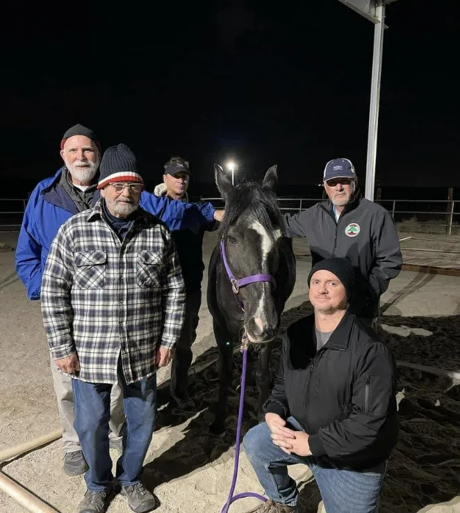 A group of veterans posing at night with a black program horse in the arena